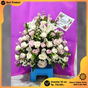 Inspirasi Rangkaian Bunga Meja Mawar & Lily Eksklusif Diameter 50cm di Bogor
