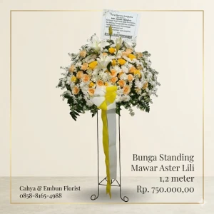 Bunga Standing Mawar Aster Lili Gold Ribbon 1.2 Meter - ST-750G